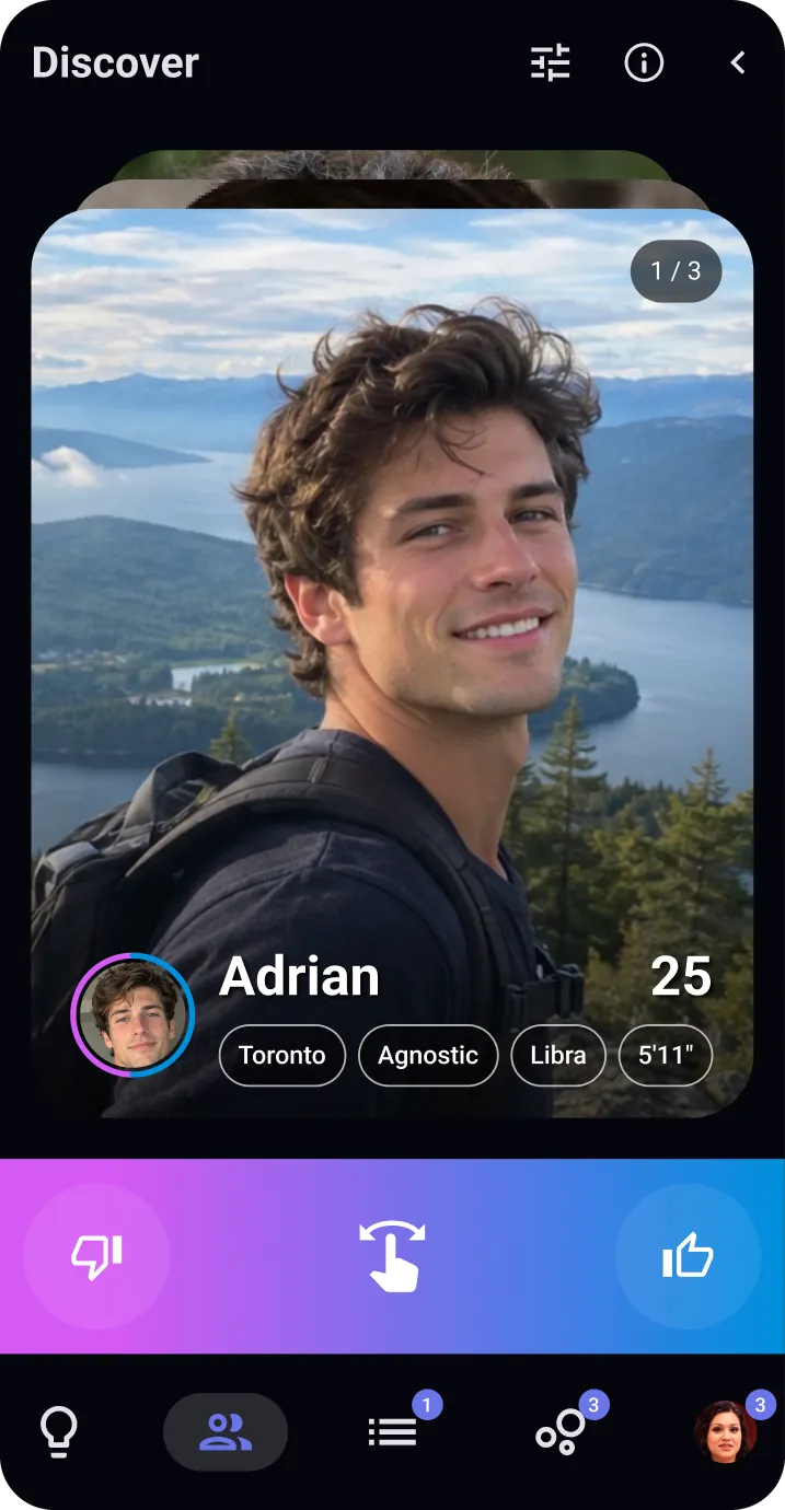 A profile card in Partial's Discover, with the swipe tray below it